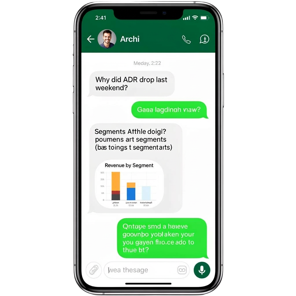 Archi answering a hotel performance question inside WhatsApp